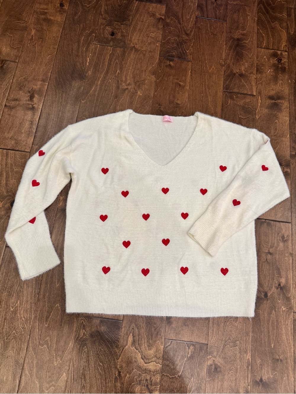 Pink Lily Cream V-Neck Sweater with Red Heart Embroidery